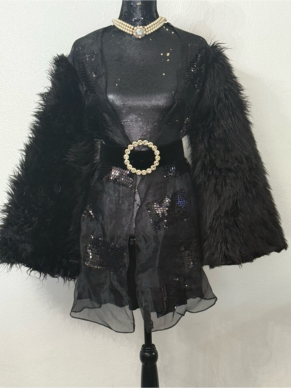Black Sequin Organza Jacket Cardigan with Faux Fur Sleeves